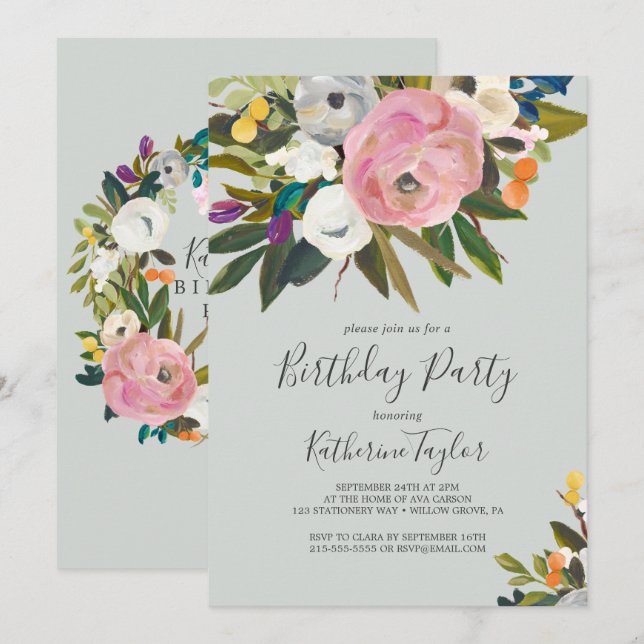 Painted Floral Geburtstagsparty Einladung (Vorne/Hinten)