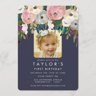 Painted Floral Girls Geburtstagsparty Foto Einladu Einladung