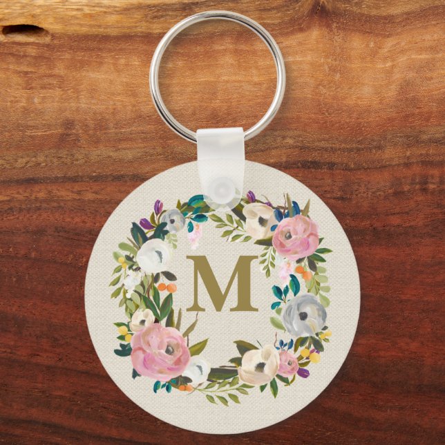 Painted Floral Personalized Monogram Canvas Bag Schlüsselanhänger (Vorderseite)