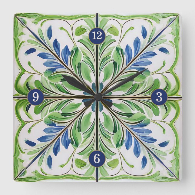 Painted Floral Tile Pat#14 Blue Green ID1078 Quadratische Wanduhr (Vorderseite)