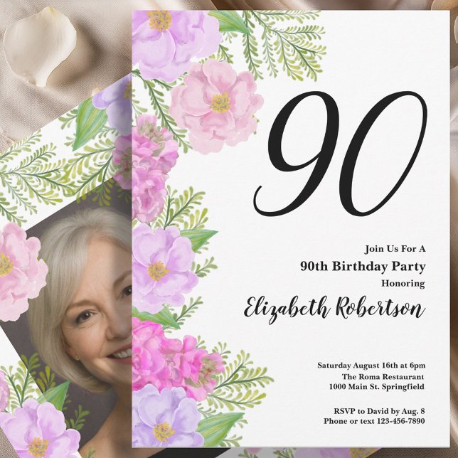 Painted Flower Custom Photo Template 90th Birthday Einladung (Von Creator hochgeladen)