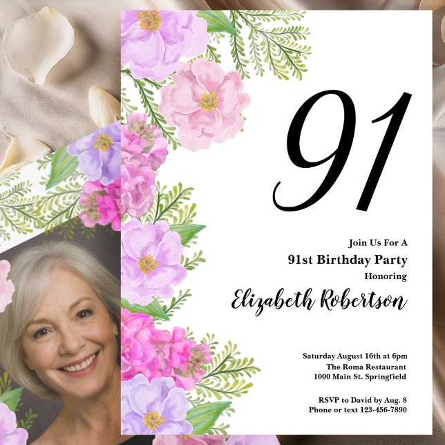 Painted Flower Custom Photo Template 94th Birthday Einladung (Von Creator hochgeladen)
