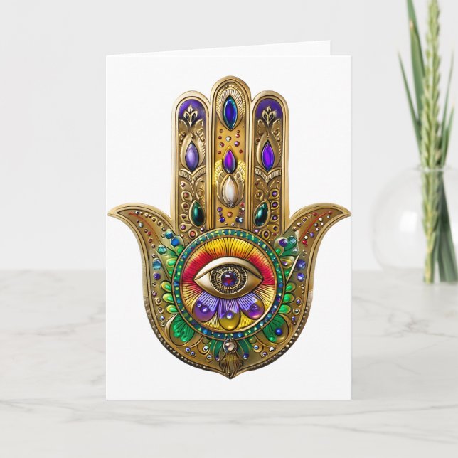 Painted Gold Hamsa Amethyst Ruby Third Eye Karte (Vorderseite)