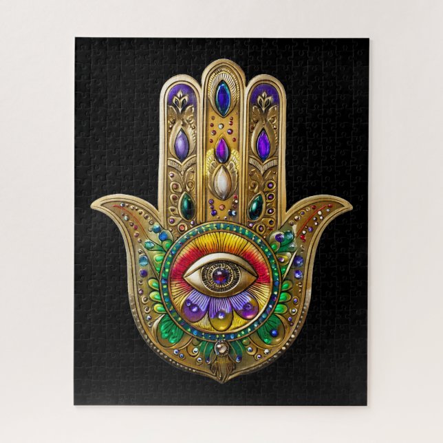 Painted Gold Hamsa Amethyst Ruby Third Eye Puzzle (Vertikal)
