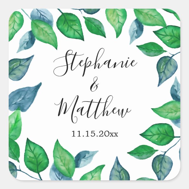 Painted Greenery Foliage Wasserfarbe Blätter Hochz Quadratischer Aufkleber (Vorderseite)