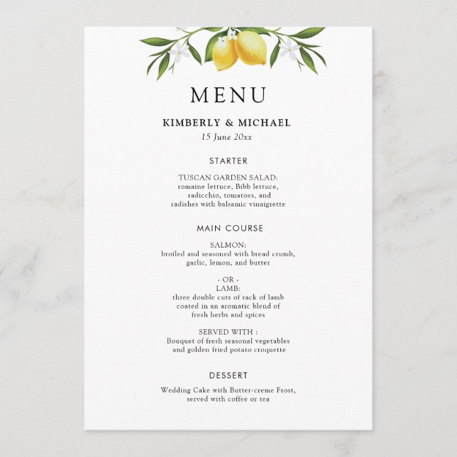 Painted lemons greenery foliage wedding menu menükarte (Vorderseite)