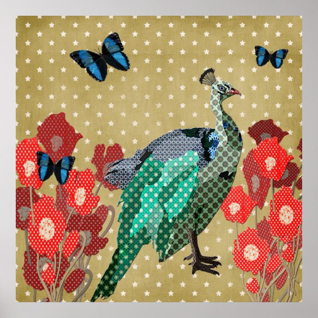 Painted Peacock & Peonies Gold Stars Poster (Vorne)