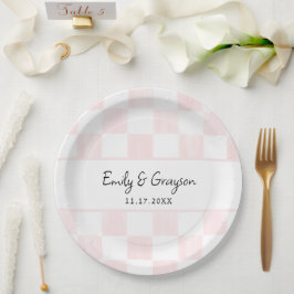 Painted Pink Checkerboard Pattern Wedding Pappteller