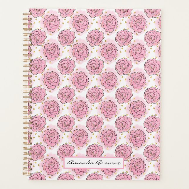 Painted pink roses and gold glitter planner  planer (Vorderseite)