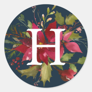 Painted Poinsettias   Monogram Holiday Runder Aufkleber