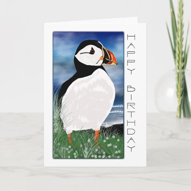 Painted Puffin Birthday Card - Geburtskarte mit Karte (Vorderseite)