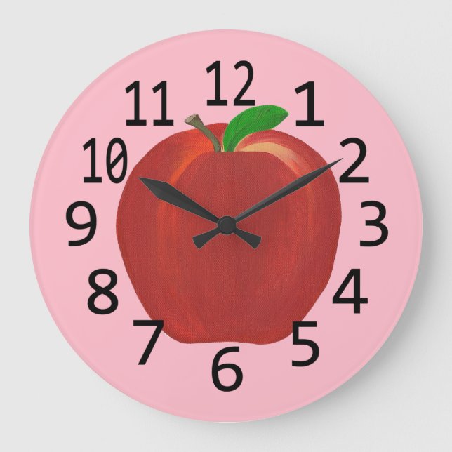 Painted Red Apple Green Leaves Custom Wall Clocks Große Wanduhr (Vorderseite)