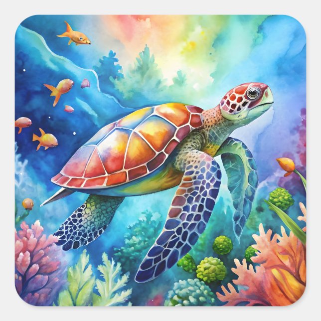 Painted Sea Turtle  Quadratischer Aufkleber (Vorderseite)