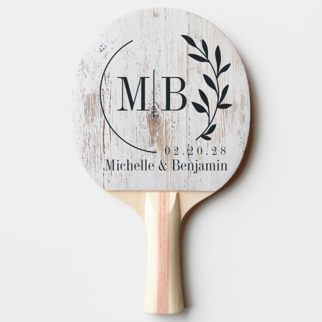 Painted White Wood Leaf Wedding Monogram Tischtennis Schläger (Rückseite)