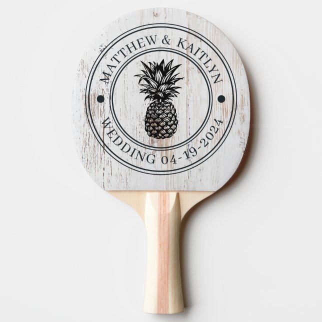 Painted White Wood Pineapple Wedding Crest & Names Tischtennis Schläger (Rückseite)