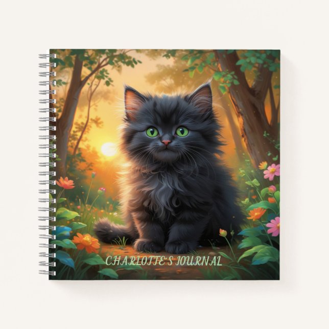 Painterly Black Kitten in Golden Forest Notizbuch (Vorderseite)