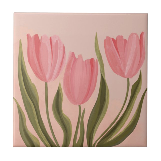 Painterly Hübsch Pink Tulips Fliese (Vorderseite)