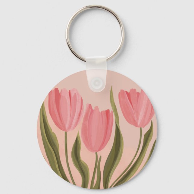 Painterly Hübsch Pink Tulips Schlüsselanhänger (Vorderseite)