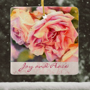 Painterly Pink Roses Joy and Peace Keramikornament