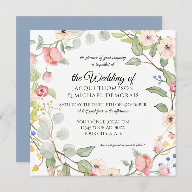 Painterly staubiges Blau errötet das rosa Blumen Einladung (Vorne/Hinten)