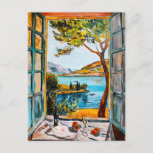 Painting breakfast on window view Mediterran sea