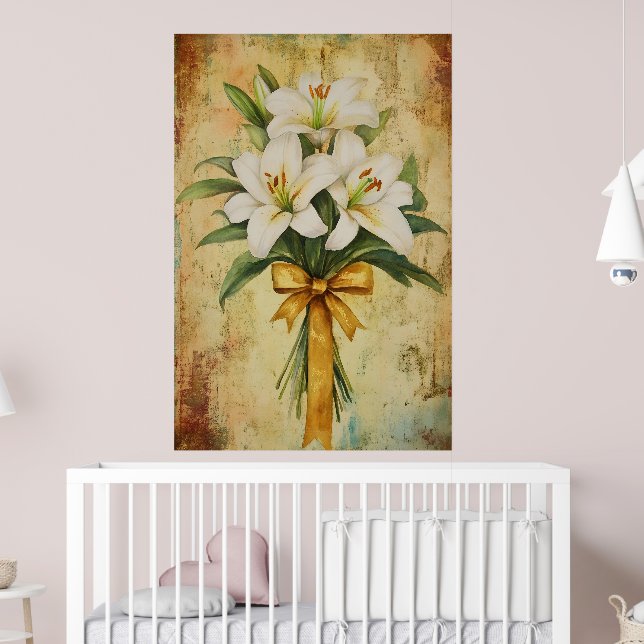 Painting of a bouquet of white lilies with a gold  poster (Kinderzimmer 2)
