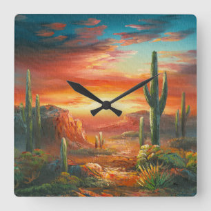 Painting Of A Colorful Desert Sunset Painting Quadratische Wanduhr