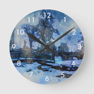 Painting of winter night in city park runde wanduhr