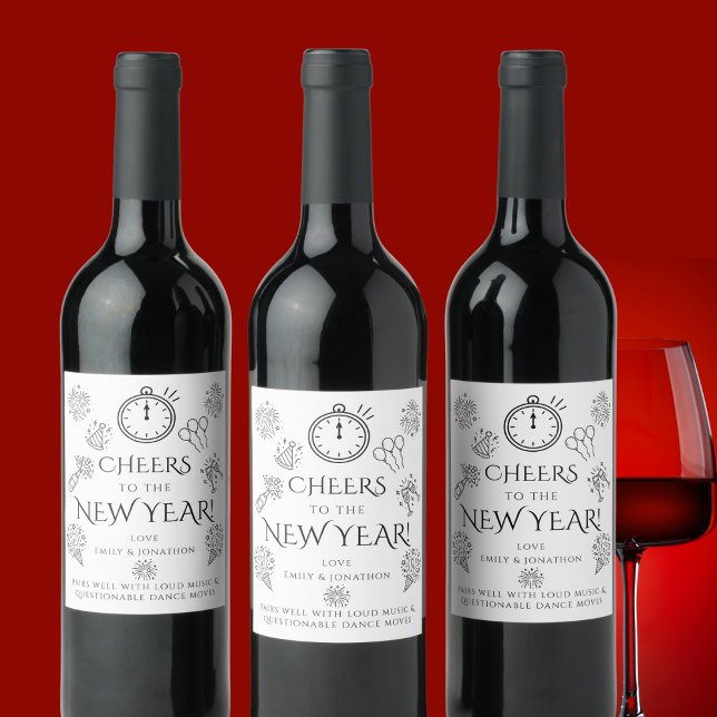 Pairs Well Doodles Black Cheers to New Year Party Weinetikett (Von Creator hochgeladen)