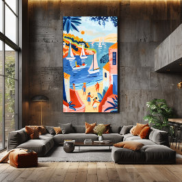 Paisaje Costero: Arte Favista con Veleros y Casas Leinwanddruck