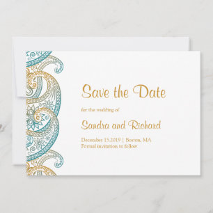 Paisley Aquamarin & Gold Indian Wedding Save The Date