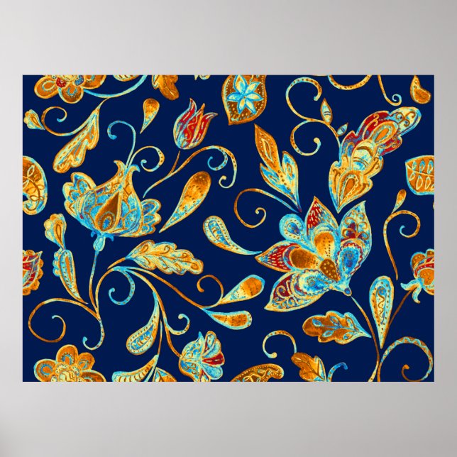 Paisley Aquarell Blumenmuster Fliesen: Blume, f Poster (Vorne)