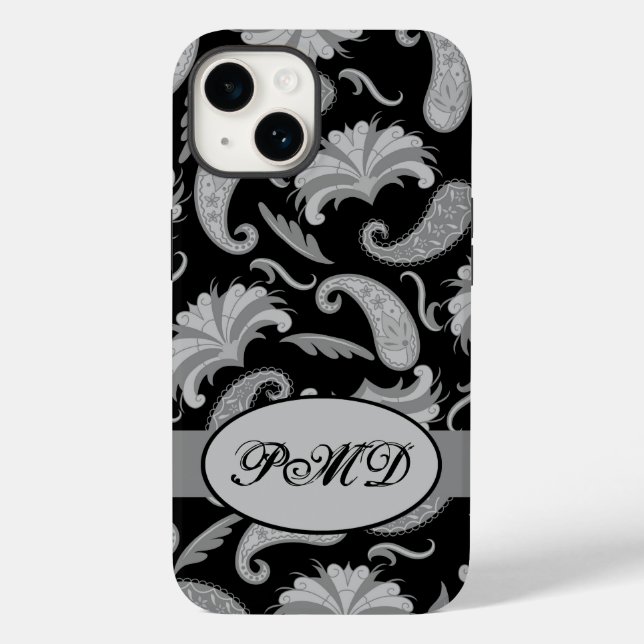 Paisley Black Gray Modern Monogram Name Case-Mate iPhone Hülle (Rückseite)