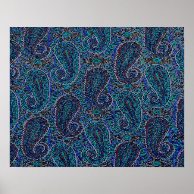 Paisley Blau Indischer Boho-Kunststoffmuster Poster (Vorne)