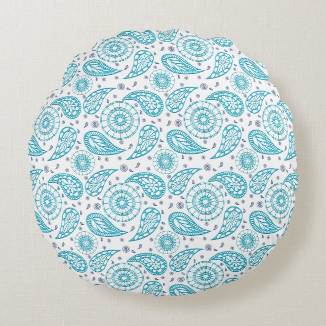 Paisley-blaues Boho-Muster Rundes Kissen (Vorderseite)