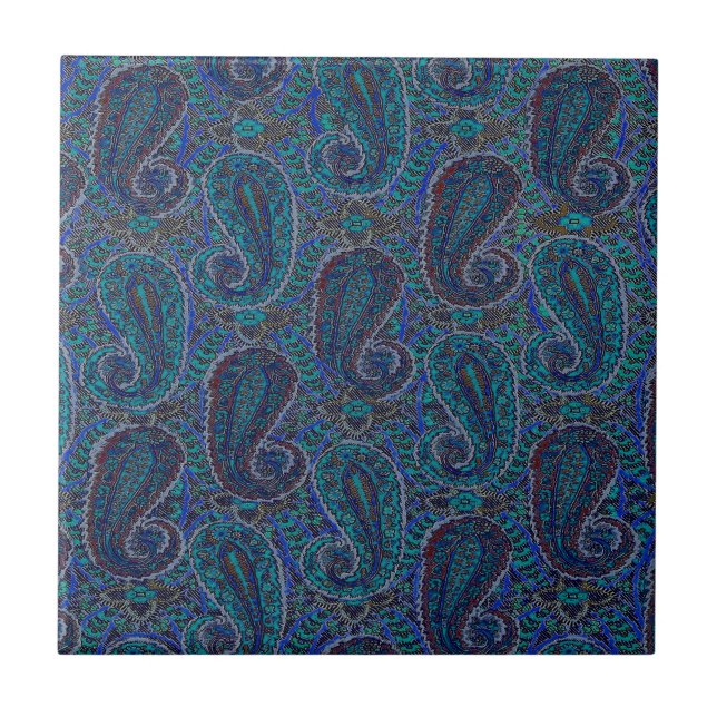 Paisley Blue Indian Boho Art Pattern Fliese (Vorderseite)