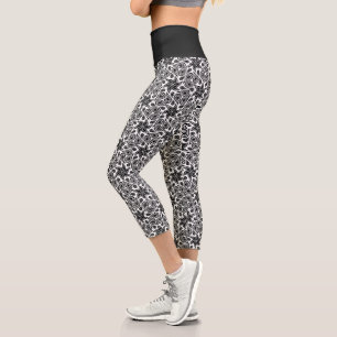 Paisley Blume Chic Black and White Floral Pattern Capri Leggings