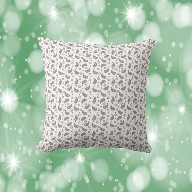 Paisley Blume Dots Green Rose Lila Muster Kissen (A throw pillow with a pattern of paisley, flowers and polka dots done in green, pink, purple & blue.)
