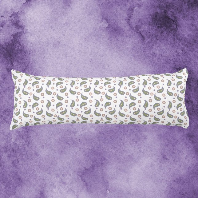 Paisley Blume Dots Muster Grün rosa Lila Seitenschläferkissen (A body pillow with paisley, flowers and dot pattern done in green, blue, pink & purple.)