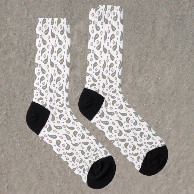 Paisley Blume Polka Dots Green Pink Lila Socken (A pair of socks with a paisley pattern with flowers and polka dots in green, pink, blue and purple.)