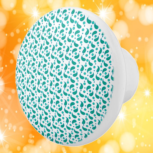 Paisley-Blumen-Boho-Muster Blau Grün Keramikknauf (A ceramic knob with a paisley floral boho pattern done in blue and green)