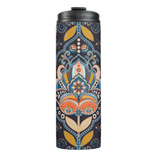 Paisley Blumen nahtlos Muster. Dunkle Kulisse mit Thermosbecher