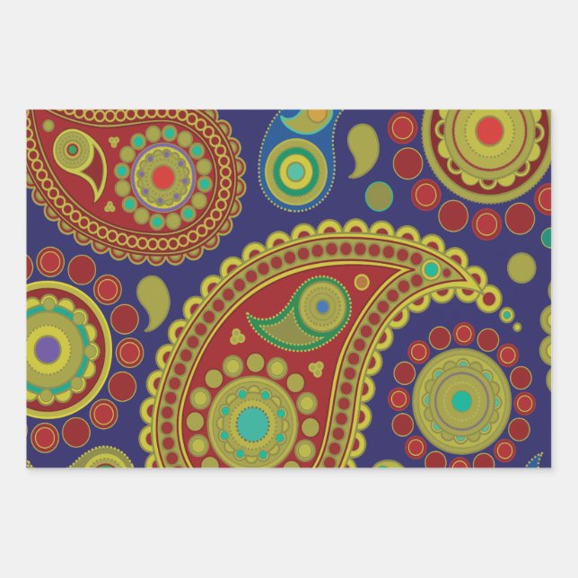 Paisley Bohemisch Pattern mit Rot, Blau, Gold Geschenkpapier Set (Vorderseite)