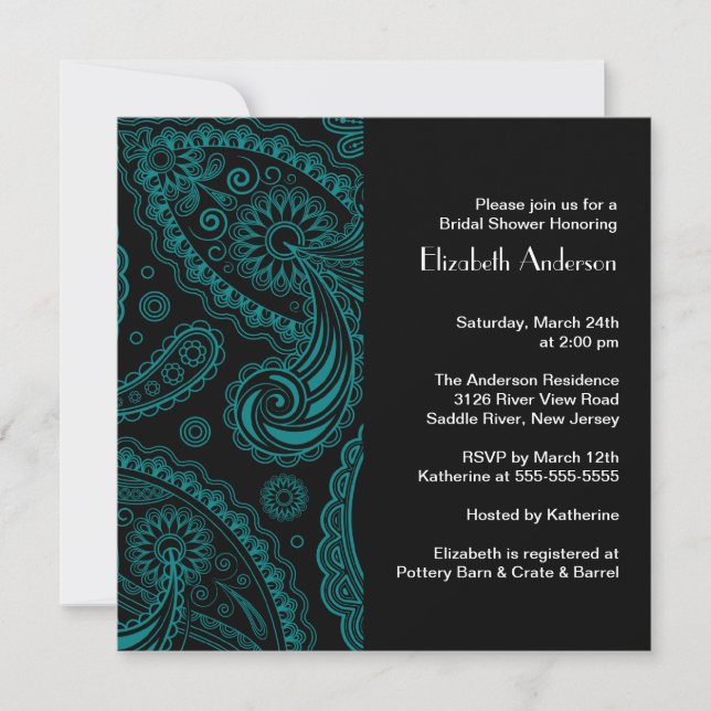 Paisley Bridal Dusche Einladung Black & Turquoise (Vorderseite)