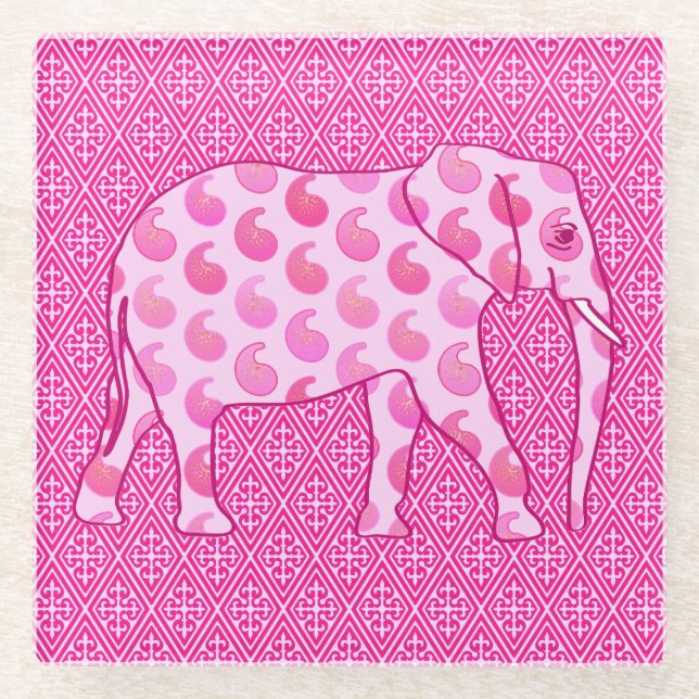 Paisley-Elefant - Eispink und Fuchsia Glasuntersetzer (Vorderseite)