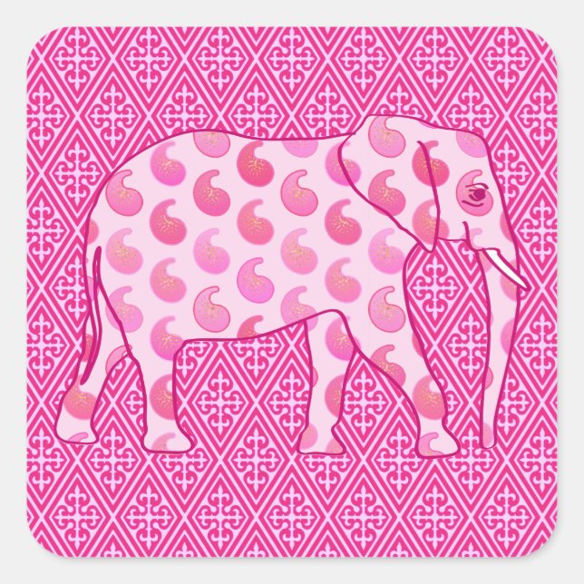 Paisley-Elefant - Eispink und Fuchsia Quadratischer Aufkleber (Vorderseite)