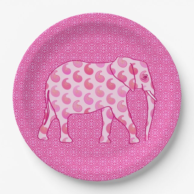 Paisley-Elefant - eisrosa und fuchsienfarbene Papi Pappteller (Vorderseite)