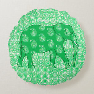 Paisley-Elefant - Jade grün und weiß Rundes Kissen