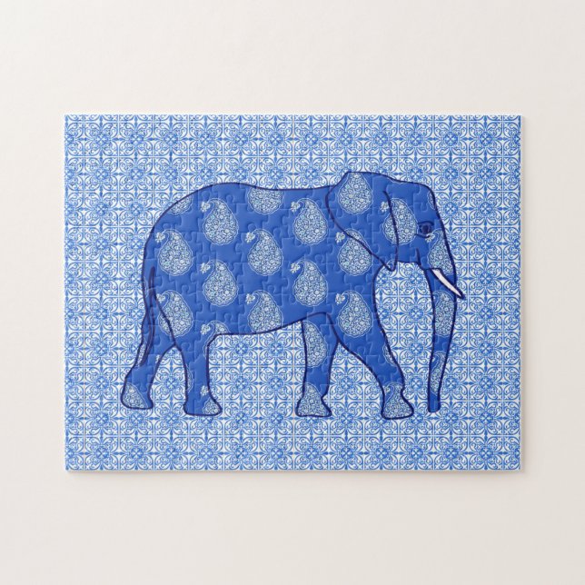 Paisley-Elefant, Kobalt Blau und Weiß Puzzle (Horizontal)