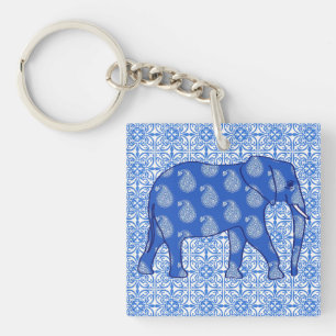 Paisley-Elefant - Kobalt blau und weiß Schlüsselanhänger